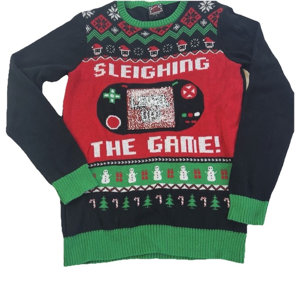 Well Worn Other - Ugly Christmas Knit Sweater Changing Sequins Gamer Santa‎ Level Up  Kids Large